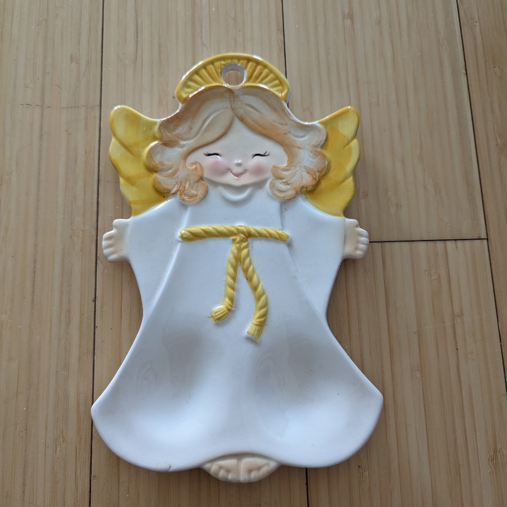 Vintage Heavenly Christmas Angel 3 Utensil/Spoon Rest Plate Dish by Enesco FLAW